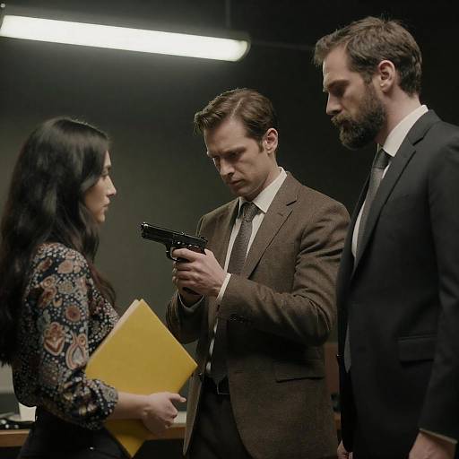 Dimly Lit Trio with Gun and Folder