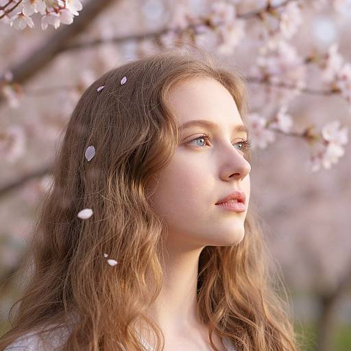 Photograph of a young woman with wavy brown hair, light skin, and blue eyes, gazing upward at blooming cherry blossoms with petals