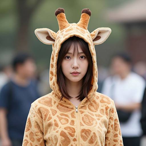 Photograph of an Asian woman with straight brown hair wearing a giraffe-themed hooded fleece with ears and small horns, standing outdoors with blurred background and