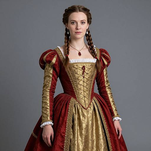 Photograph of a young woman with braided brown hair, wearing a 16th-century-style red and gold brocade dress with puffed sleeves and