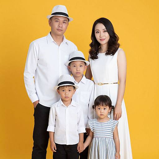 Photograph of Asian family: father in white shirt and hat, black pants; mother in white dress; three children in white outfits, black hats;