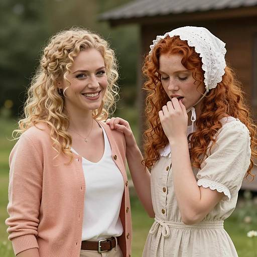 Two Women Outdoors with Curly Hair and Vintage Clothing