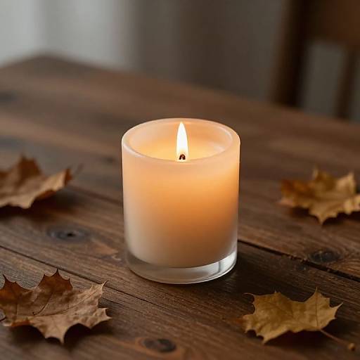 Photograph of a lit, translucent white candle in a glass holder on a rustic wooden table, surrounded by scattered brown autumn leaves.
