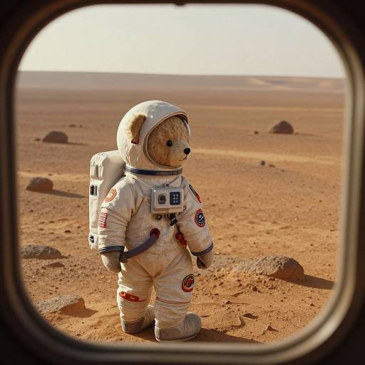 Photograph of a teddy bear in a NASA astronaut suit, standing on a red desert planet with rocks, viewed through a spaceship window.