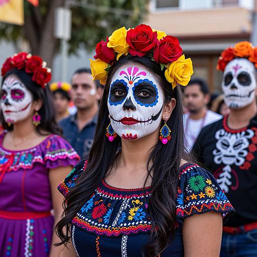 Photograph of a woman with black hair, colorful flower crown, and white face paint in Day of the Dead makeup, wearing a vibrant embroidered dress,