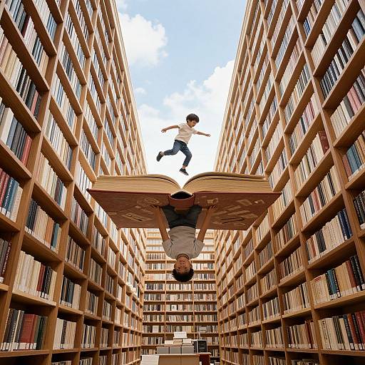 Child Soaring Through Inverted Library