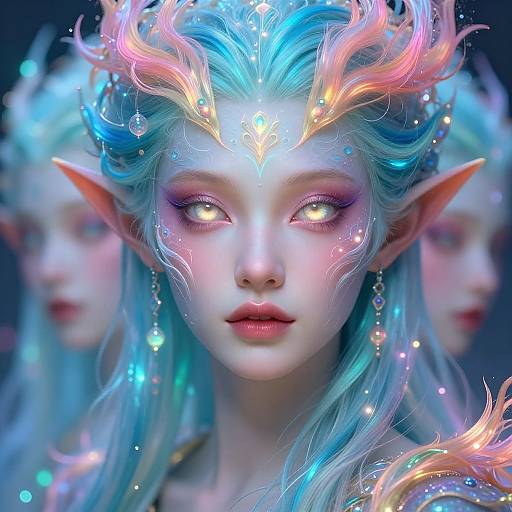 Digital artwork of a glowing, ethereal elf woman with blue and pink hair, pointed ears, glowing eyes, and intricate headpiece, surrounded by twink
