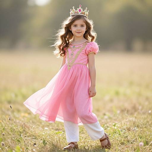 Photograph of a young girl with wavy brown hair, wearing a pink dress, white pants, brown sandals, and a gold crown, standing in