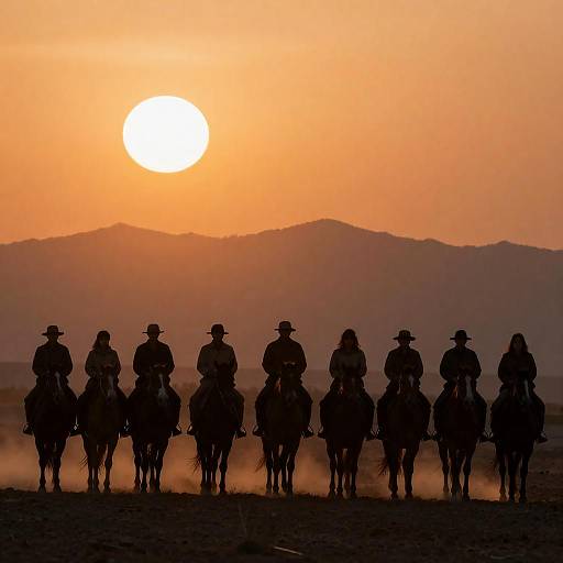 Silhouetted Riders Against Vibrant Sunset