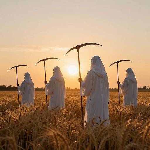 Photograph of four robed figures in white holding scythes, standing in a golden wheat field at sunset, silhouetted against the glowing