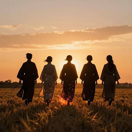 Silhouetted group of five people in traditional clothing walking through a golden sunset field, with scattered sparks in the foreground.