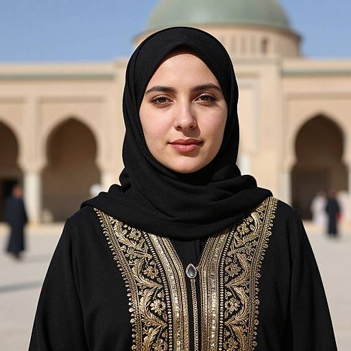 Photograph of a young woman with fair skin, wearing a black hijab and intricately embroidered black robe, standing in front of a historic, dom
