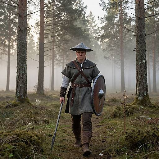 Viking Warrior in Misty Forest