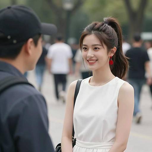 Photograph of an attractive Asian woman with a ponytail, red earrings, white sleeveless dress, smiling, talking to a man in a black cap