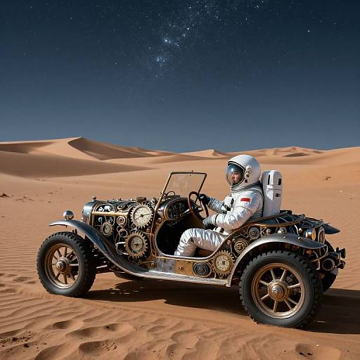 Photorealistic digital art: Astronaut in white spacesuit drives vintage, steampunk car with exposed gears through starry night desert landscape.