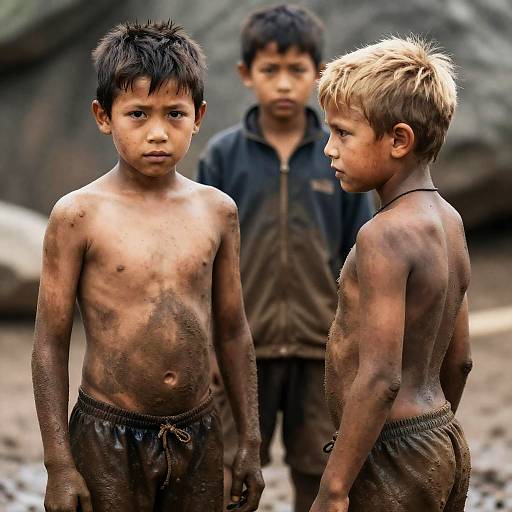 Three Boys Playing in Muddy Landscape