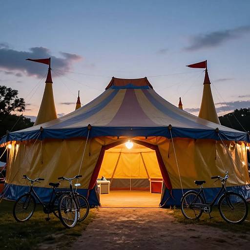 Photograph of a yellow and blue circus tent at dusk, illuminated from inside, with two bicycles in front, flags on top.