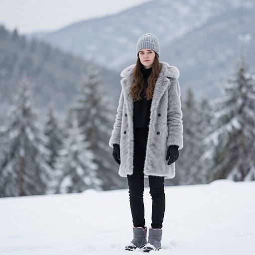 Photograph of a young woman in a snowy forest, wearing a grey fur coat, black pants, gloves, grey beanie, and snow boots,