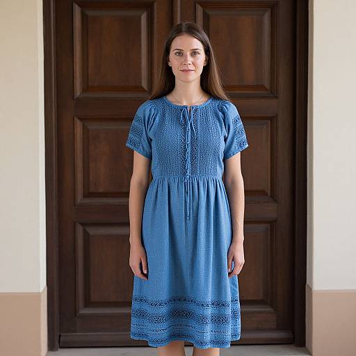 Photograph of a young woman with long brown hair, wearing a blue, short-sleeved, lace-trimmed dress, standing in front of