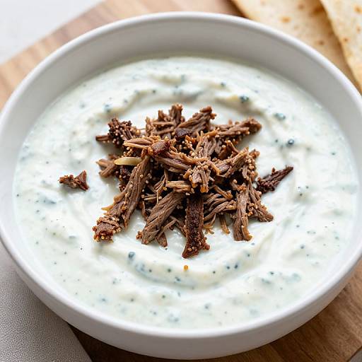 Photograph of a white bowl filled with creamy blue cheese dip topped with shredded dried beef, set on a wooden surface.