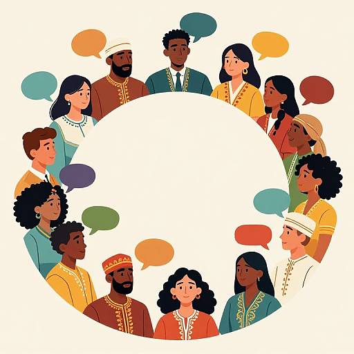 Illustration of diverse, colorful group of 12 people in traditional attire, forming a circular arrangement with speech bubbles, around a white center.