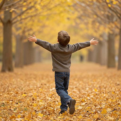 Photograph of a young boy with brown hair, wearing a gray sweater and blue jeans, running with arms outstretched through a golden autumn forest path