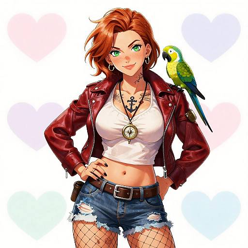 Digital anime-style drawing of a red-haired woman with green eyes, wearing a red leather jacket, white crop top, denim shorts, fishnet stockings,