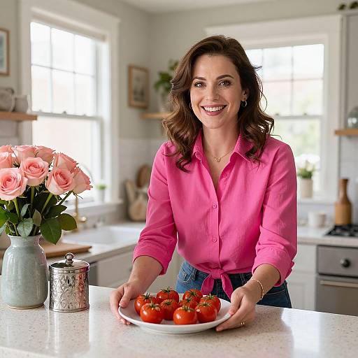 Photograph of a smiling woman with wavy brown hair, wearing a pink shirt and blue jeans, holding a plate of tomatoes in a bright, sun