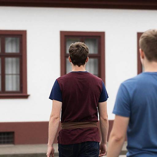 Behind View of Two Men by Building