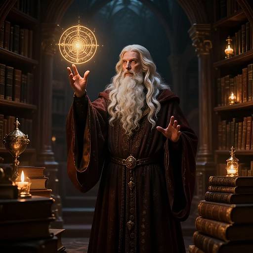 Photograph-style digital artwork of a white-bearded wizard in dark robes, levitating a glowing magical sphere in a dimly lit, book-filled library