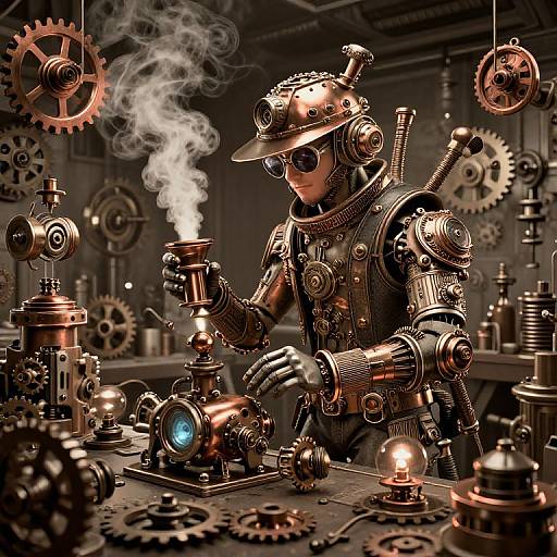Steampunk robot with brass gears, goggles, and helmet holds a smoking pipe amidst a workshop filled with gears and machinery. Digital art.