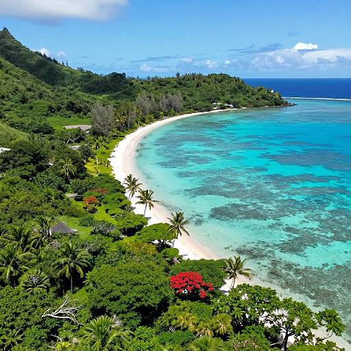 Aerial photograph of a vibrant, tropical beach with turquoise waters, lush green forests, and red flowers, bordered by a gently curving shoreline under a