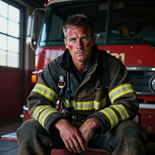Photograph of a dirty, bloodied male firefighter with short, spiked hair, wearing a black with yellow-striped jacket, sitting in front of a red