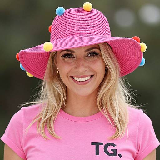 Blonde Woman in Pom-Pom Summer Hat
