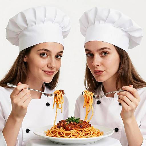 Two Female Chefs Eating Spaghetti