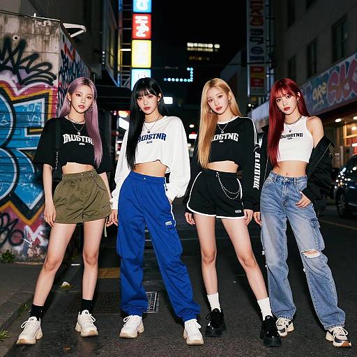 Photograph of four young women in a neon-lit urban street at night, wearing matching black-and-white crop tops, shorts, and sneakers, standing