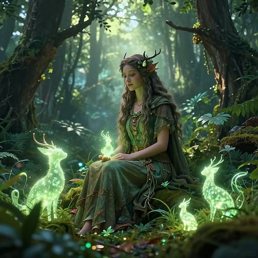Serene Forest Guardian with Mystical Deer Spirits