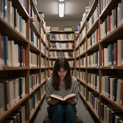 Photograph of a young woman with wavy brown hair, wearing a gray sweater and dark pants, sitting on the floor between two rows of colorful book