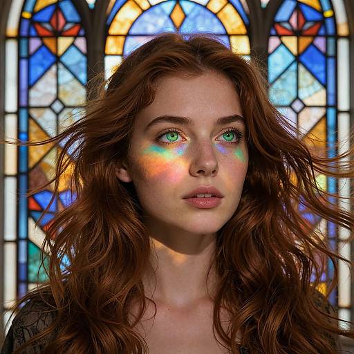 Photograph of a young woman with long, wavy auburn hair, green eyes, and rainbow light on her cheeks, standing in front of
