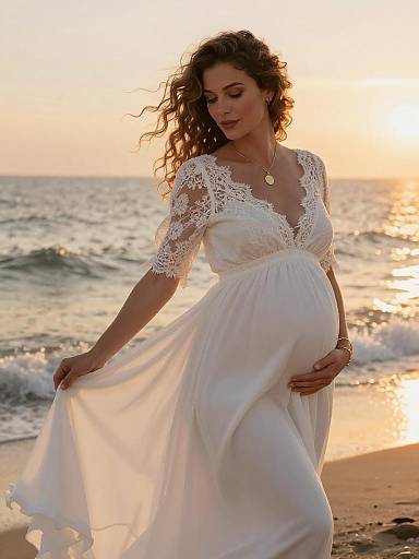 Pregnant Woman in White Maternity Dress at Sunset Beach