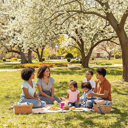 Photograph of a joyful Black family of five, including two parents and three children, picnicking on a sunny grassy park with blooming cherry