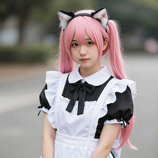 Photograph of an Asian woman with pink pigtails, black-and-white cat ears, and a maid outfit, standing outdoors on a blurred street.