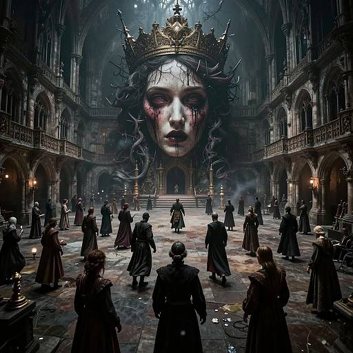 Dark, gothic cathedral scene: eerie, giant, crowned face with glowing eyes centered, surrounded by shadowed figures in dark robes, lit by faint