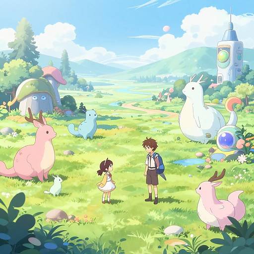 Anime-style digital illustration of a sunny meadow with a boy, girl, and various colorful, bunny-like creatures, surrounded by lush greenery and a