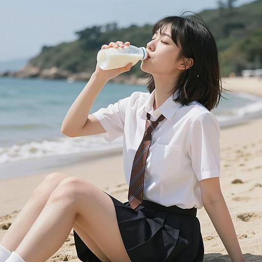 Japanese Woman Enjoying Beach Day