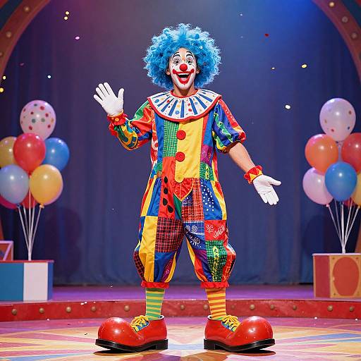 Colorful clown with blue hair, red shoes, patchwork outfit, and white collar waves on stage with balloons and gift boxes.