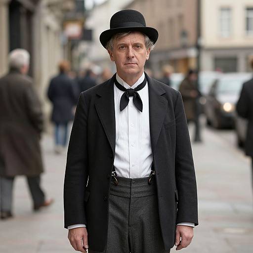 Photograph of an older white man with gray hair, wearing a black bowler hat, black jacket, white shirt, black tie, and black p