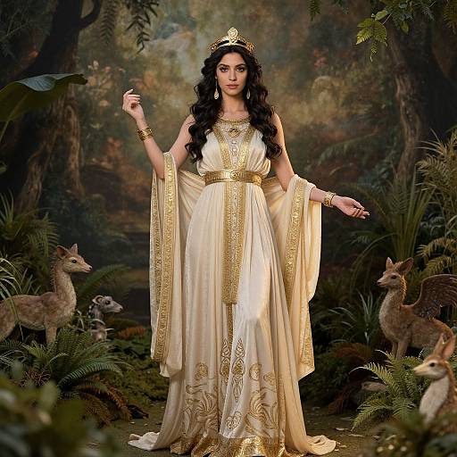 Photograph of a dark-haired woman in a golden-trimmed, white ancient Greek-style dress, standing in a forest with deer, wearing a crown