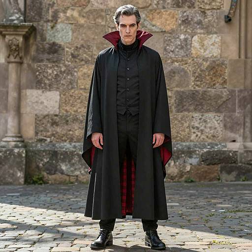 Man in Dracula Costume with Gothic Stone Wall Background