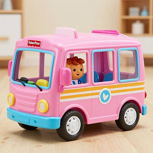 Photograph of a pink, toy van with blue accents, featuring a smiling LEGO minifigure with brown hair driving, set on a wooden surface.
